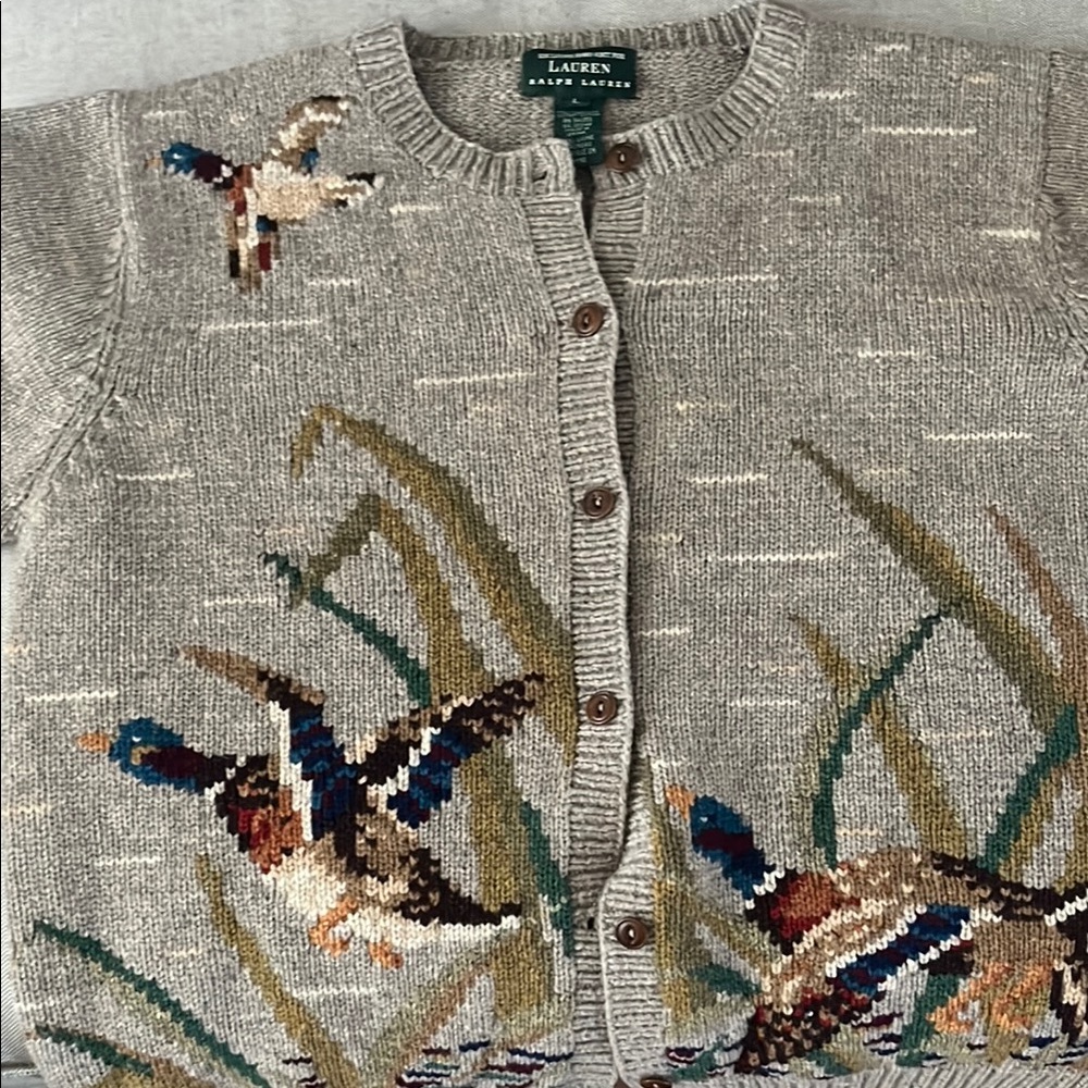 Vintage Lauren Ralph Lauren Brown/Gray Bird-Intarsia Button-Front Cardigan.